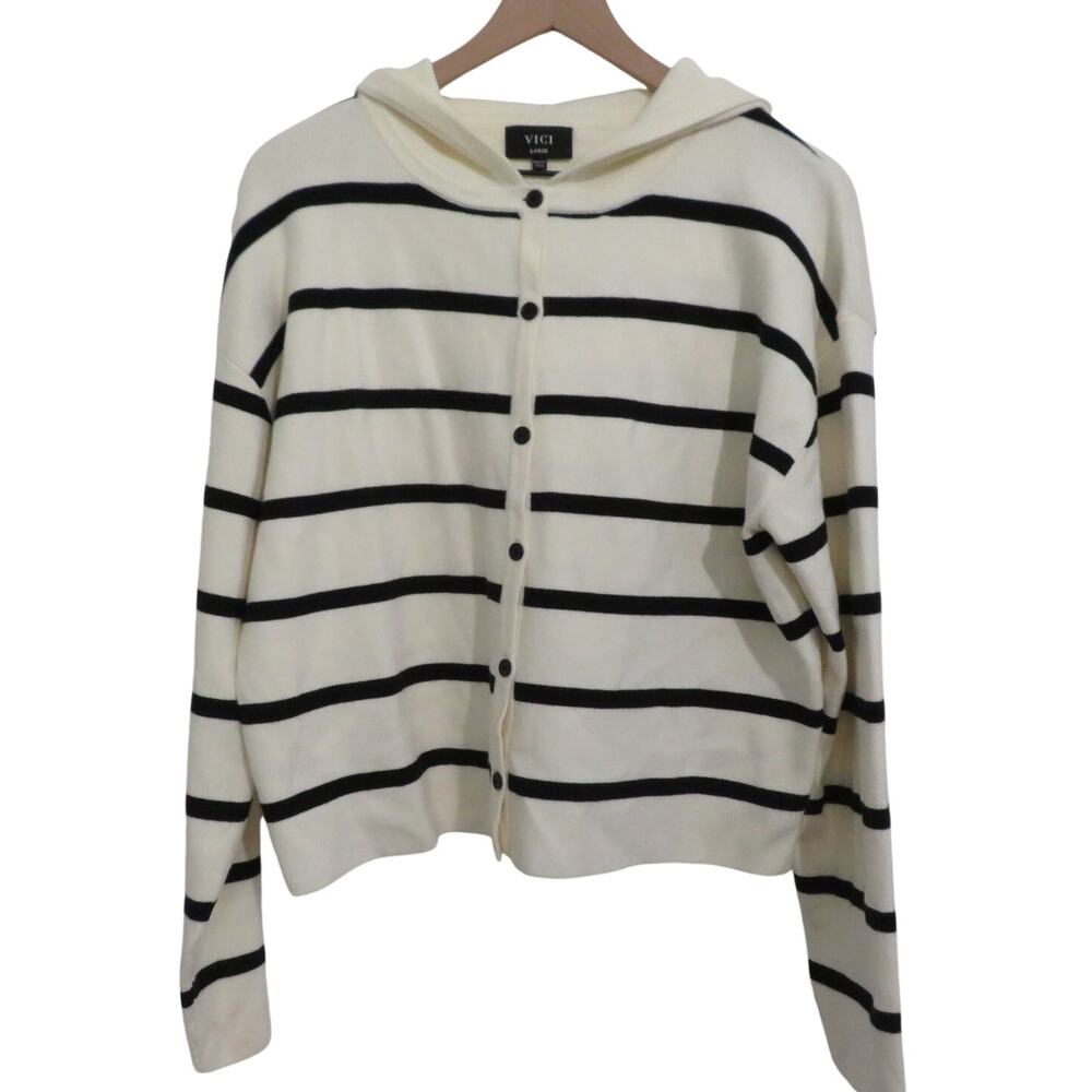 VICI Cream Black Striped Sweater Women Sz L Button Front Hooded Knit Cardigan
